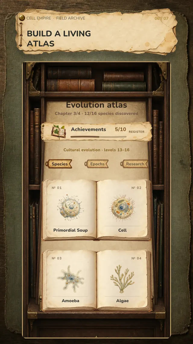 The illustrated Evolution Atlas in Cell Empire.